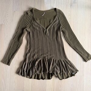 Free People Ribs and Ruffles Olive Green Tunic
